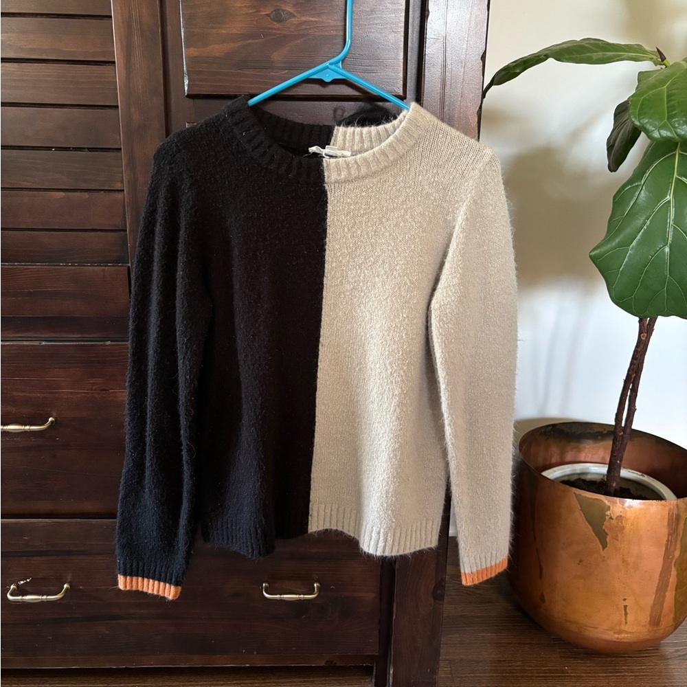THML Half-and-Half Black and Cream Knit Sweater with Orange Cuff Detail